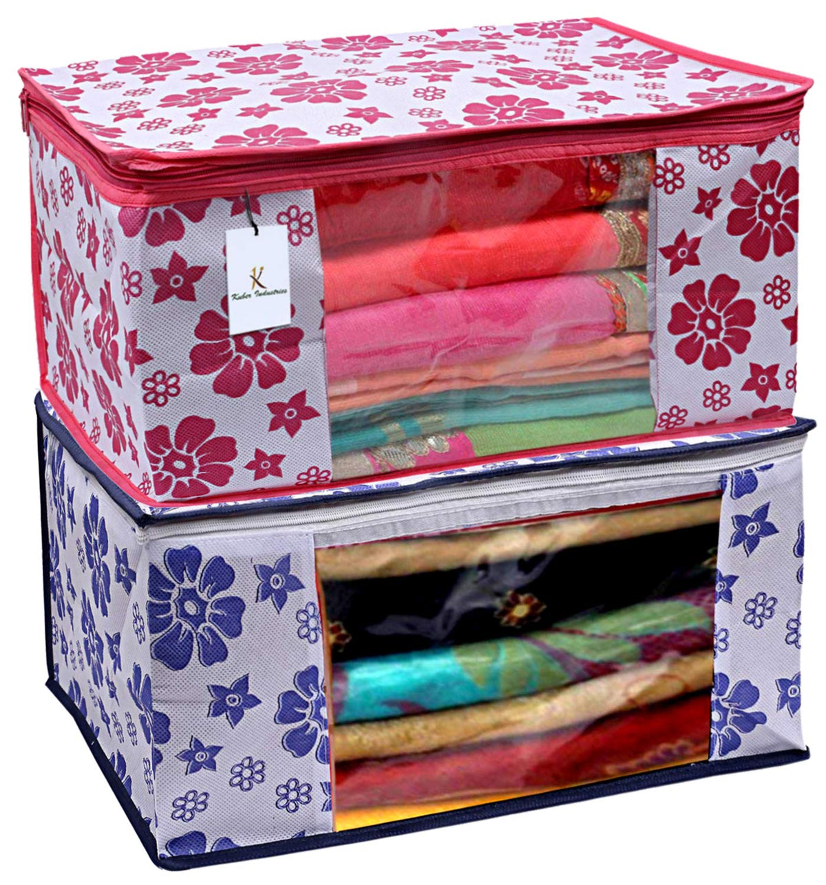 Kuber Industries Flower Design 2 Piece Non Woven Fabric Saree Cover Set with Transparent Window, Extra Large, Pink & Blue -CTKTC040764