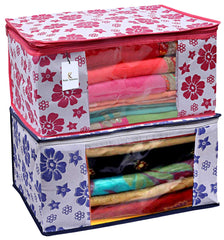 Kuber Industries Flower Design 2 Piece Non Woven Fabric Saree Cover Set with Transparent Window, Extra Large, Pink & Blue -CTKTC040764