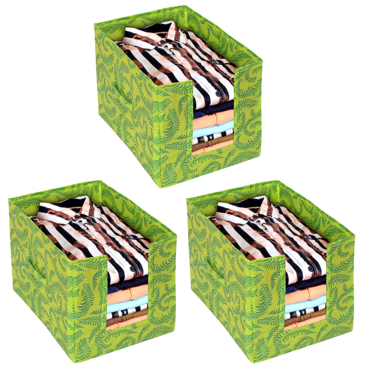 Heart Home Leaf Printed Non-Woven Foldable Shirt Stacker Closet Organizer With Handles- Pack of 3 (Green)-HS43HEARTH26470