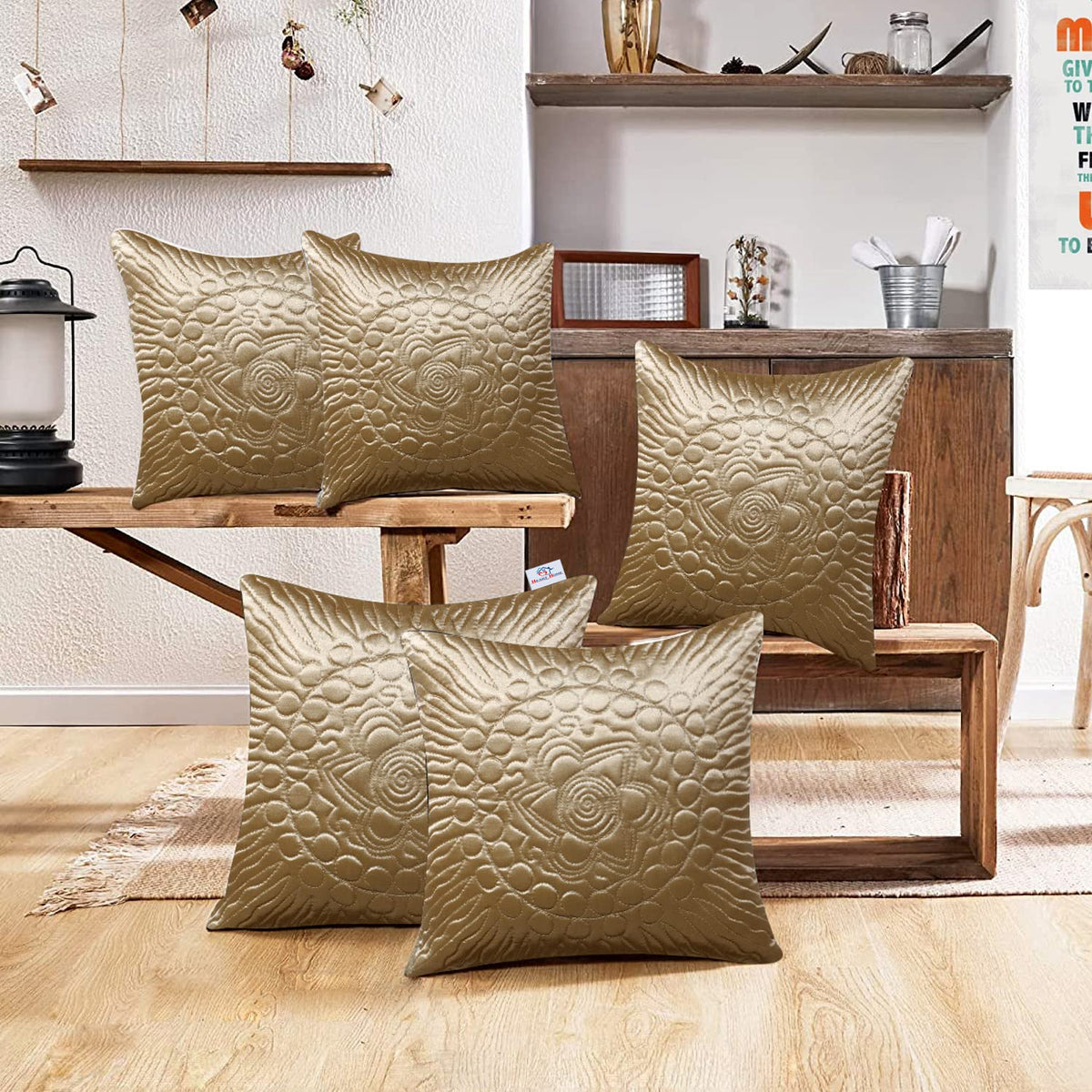 Heart Home Cushion Cover|Sofa Cushion Covers|Embossed Flower Print Sitting Cushion Cover|Velvet Cushion Filler|16x16 Inch|Set of 5 (Gold)