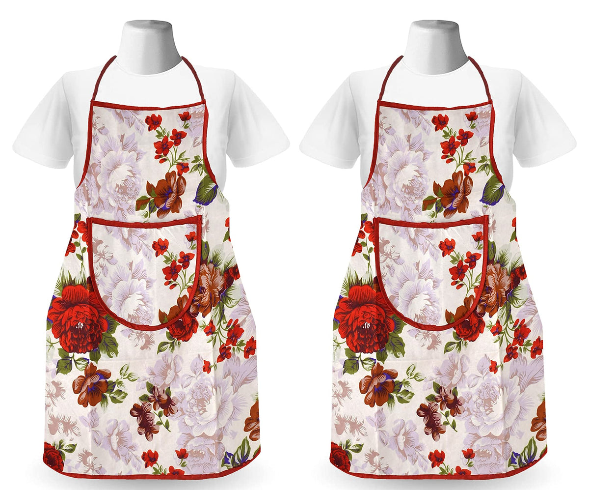 Kuber Industries Unisex Cotton Apron with Front Pocket|Flower Printed & Oil Stain Resistant|Size 70 x 56 x 1 CM|Pack of 2 (Red)