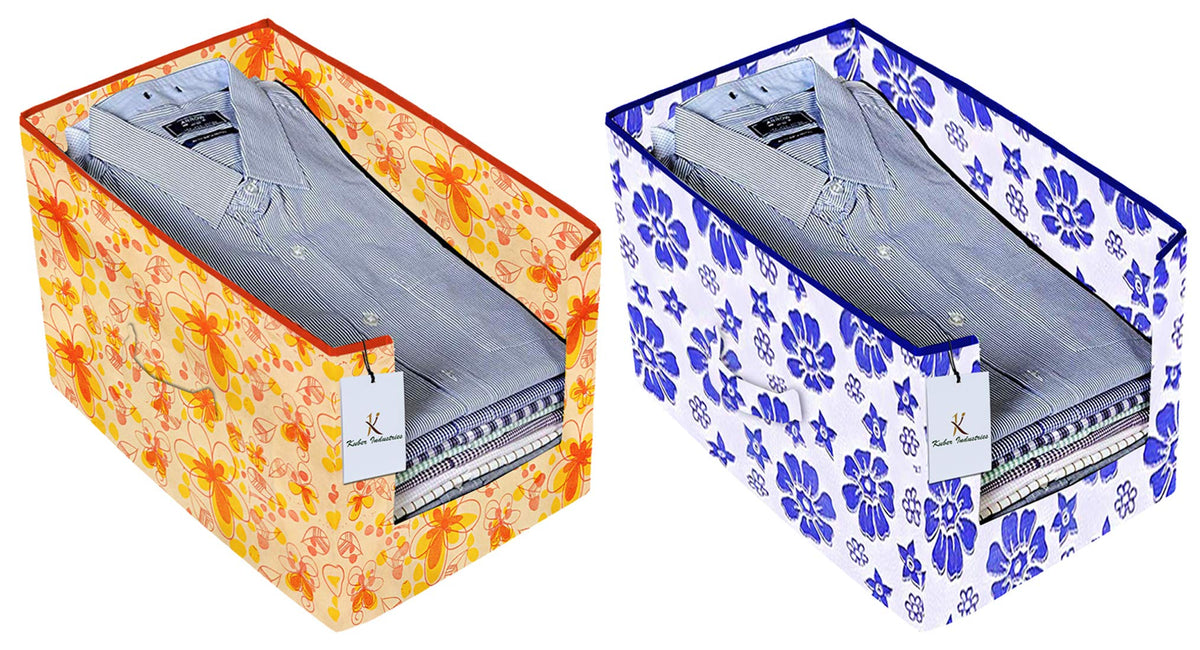 Kuber Industries Flower Printed 2 Piece Non Woven Shirt Stacker Wardrobe Organizer Set, (Ivory & Red, Royal Blue) - CTKTC35019