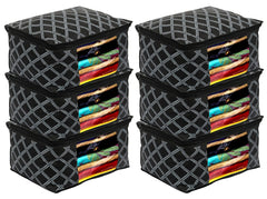 Kuber Industries Check Print Non-Woven Foldable Saree Cover|Clothes Storage For Saree, Lehenga, Suit With Top Transparent Pack of 6 (Black)