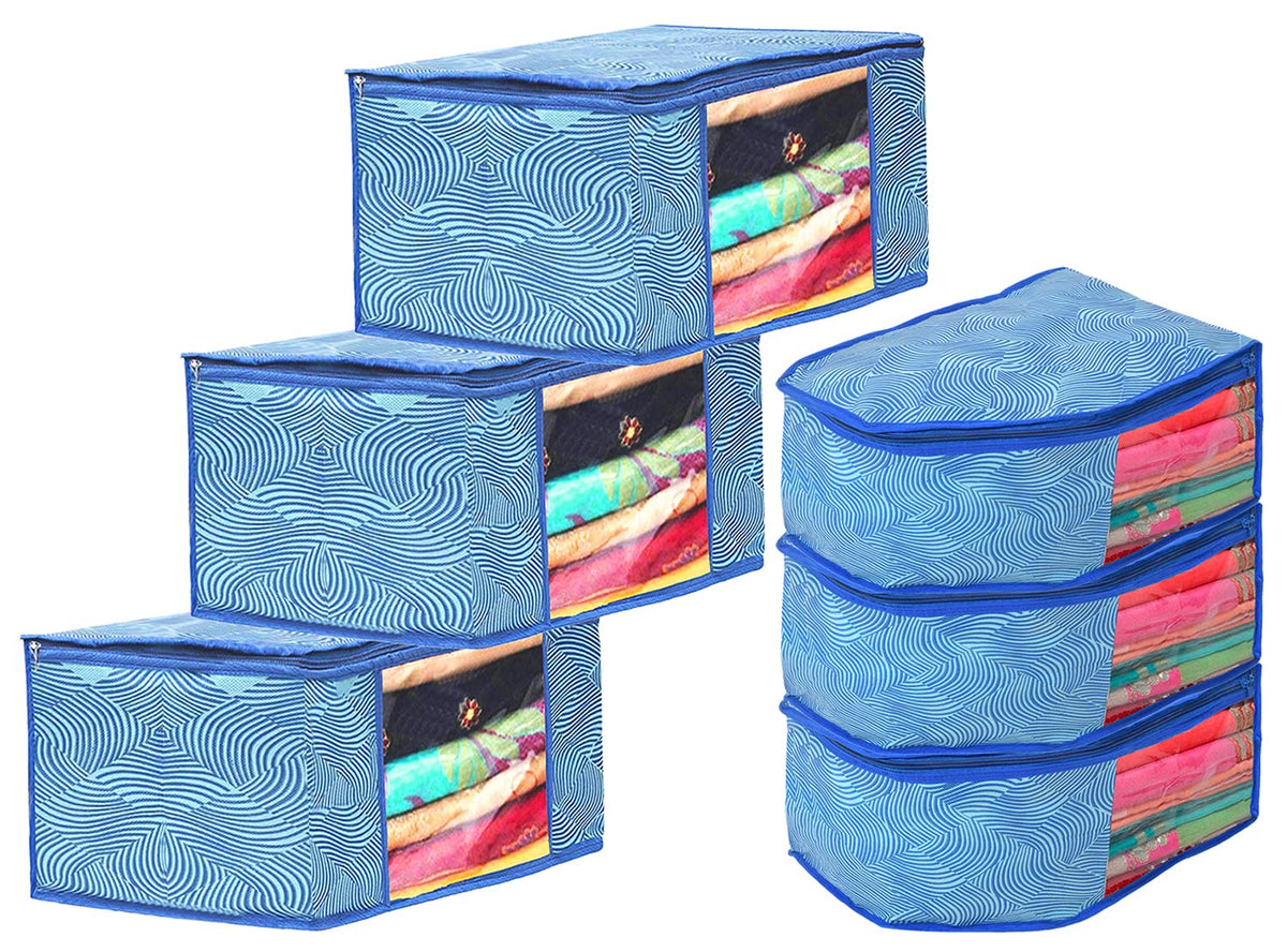 Kuber Industries Lahariya Design Non-woven Foldable 3 Saree & 3 Blouse Cover/Clothes Storage Bag/Wardrobe Organizer Set With Transparent Window- Pack of 6 (Blue)-44KM0577