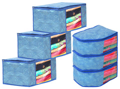Kuber Industries Lahariya Design Non-woven Foldable 3 Saree & 3 Blouse Cover/Clothes Storage Bag/Wardrobe Organizer Set With Transparent Window- Pack of 6 (Blue)-44KM0577