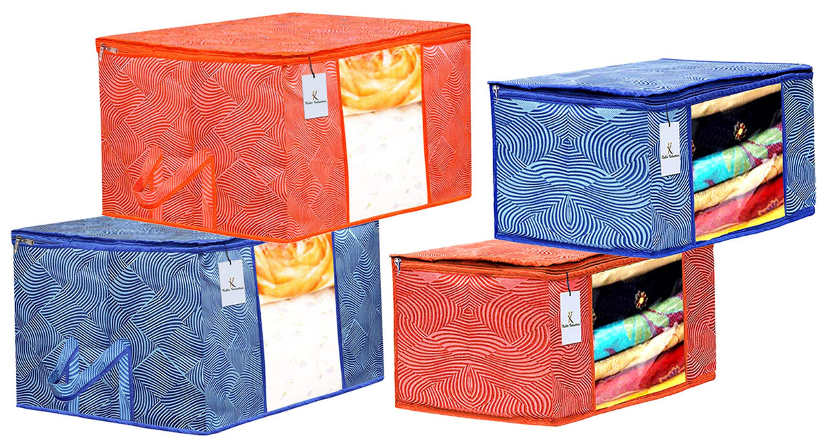 Kuber Industries Leheriya Printed 2 Piece Non Woven Saree Cover and 2 Pieces Underbed Storage Bag, Storage Organiser, Blanket Cover, Orange & Blue -CTKTC42397