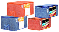 Kuber Industries Leheriya Printed 2 Piece Non Woven Saree Cover and 2 Pieces Underbed Storage Bag, Storage Organiser, Blanket Cover, Orange & Blue -CTKTC42397