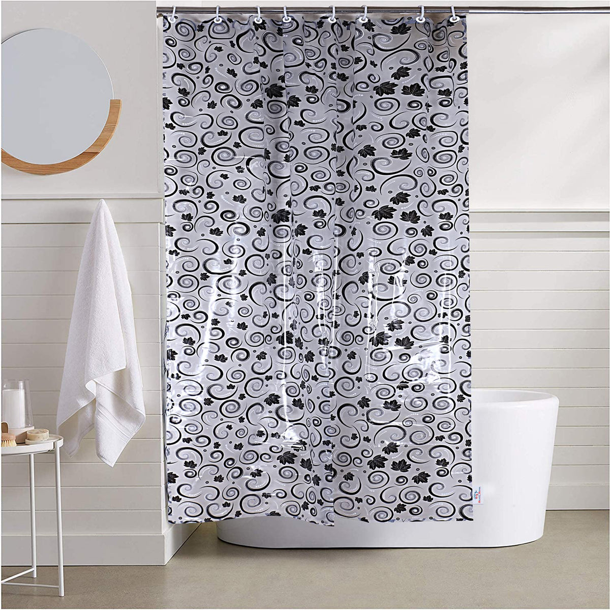 Heart Home PVC Waterproof Spiral Print Shower Curtain for Bathroom with 8 Ring,7 Feet (Black)