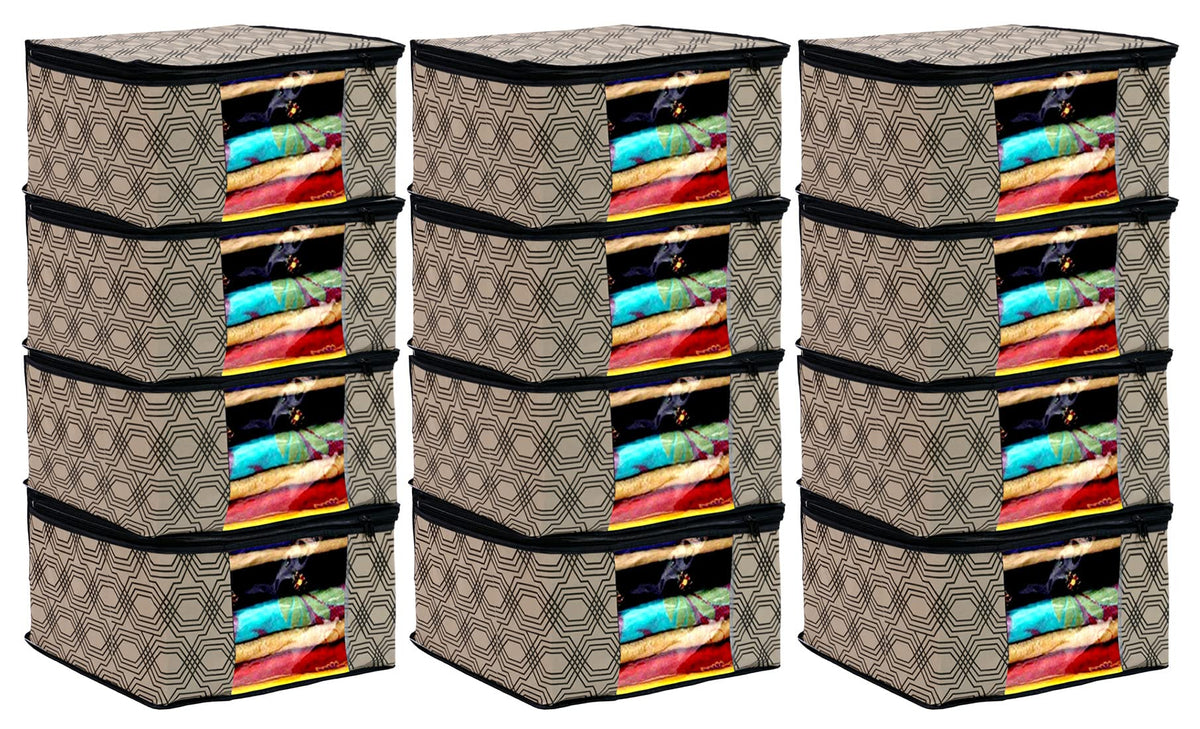 Kuber Industries Honeycomb Print Non-Woven Foldable Saree Cover|Clothes For Home & Traveling With Transparent, Extra Large Pack of 12 (Cream)