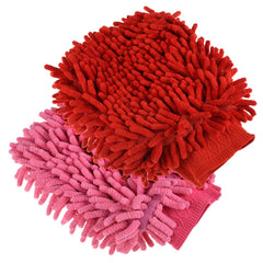 Kuber Industries Chenille Mitts|Microfiber Cleaning Gloves|Inside Waterproof Cloth Gloves|100 Gram Weighted Hand Duster|Chenille Gloves for Car|Glass|Pack of 2 (Red & Pink)