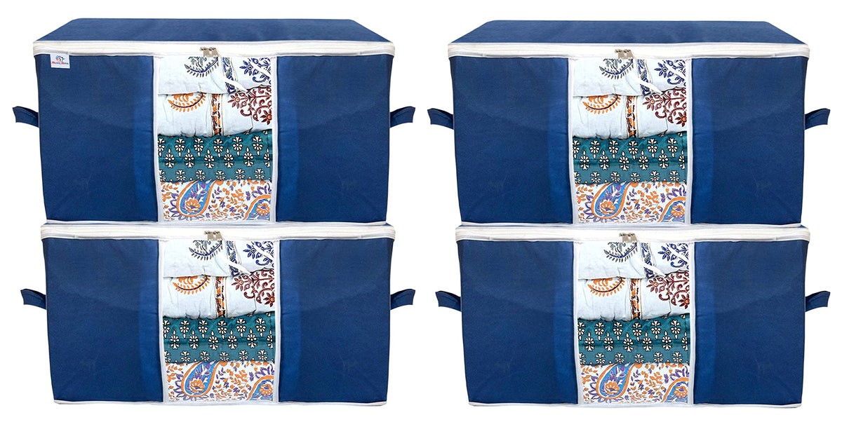 Heart Home Underbed Clothes Blankets Storage Bag With Tranasparent Window- Pack of 4 (Navy Blue)-HS_38_HEARTH21712