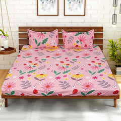 Kuber Industries Fitted Double Bedsheet|Glace Cotton Floral Print Bedsheet with 2 Pillow Covers for Living Room|Bedroom|6x6 Feet (Pink)