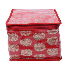 Kuber Industries Brocade Jewellery kit with 10 Pouch|Solid Print With Waterproof Outer Material|10 Pouches & Zipper Closure|Size 19 x 18 x 13, Pack of 1 (Red)