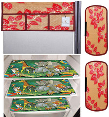 Kuber Industries Leaf Design 3 Pieces PVC Fridge Mats,2 Piece Handle Cover and 1 Piece Fridge Top Cover (Gold & Red) CTKTC34090