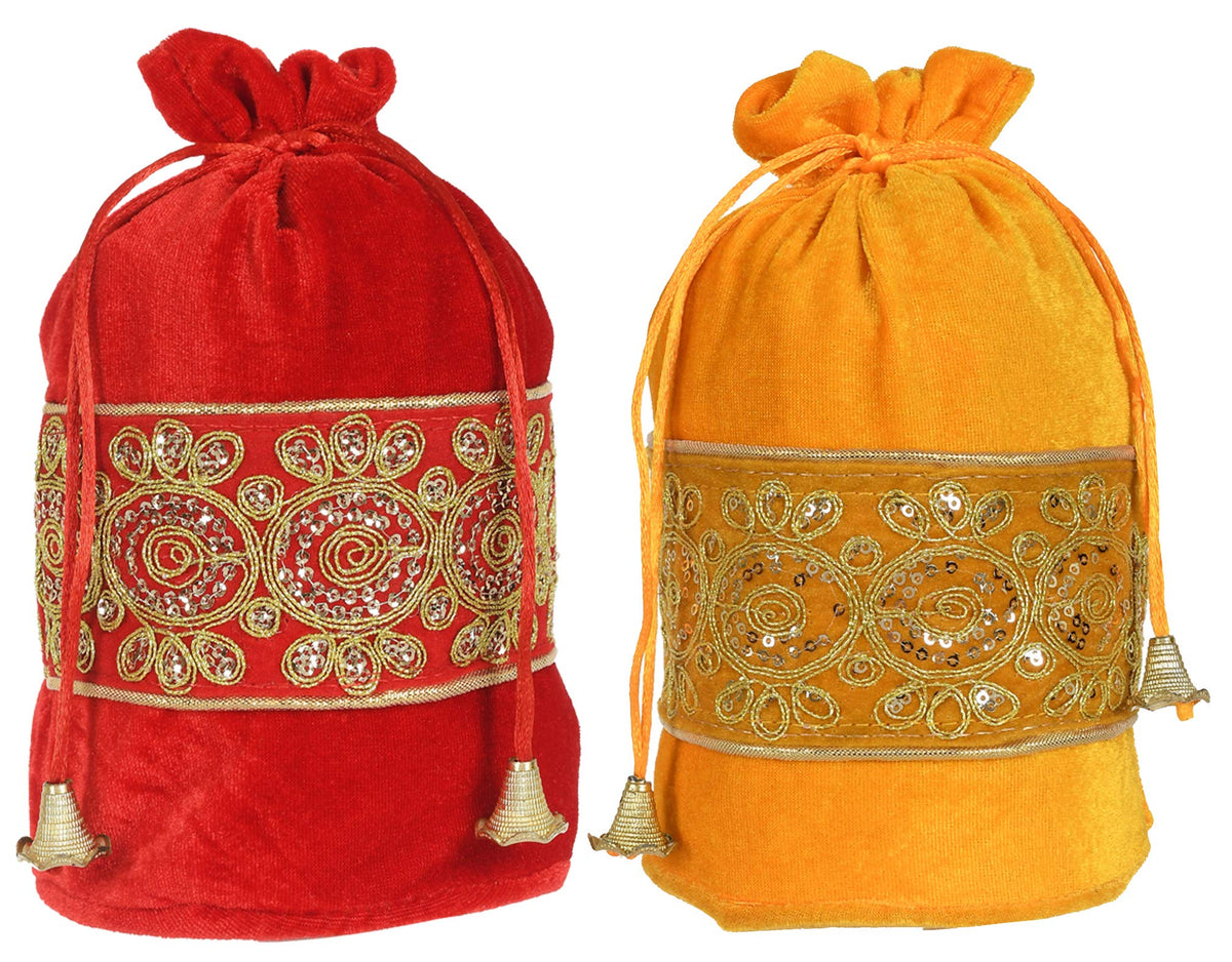 Kuber Industries Embroidered Design Potli Bags Handbags for Women Gifting Wristlets for Wedding, Festival, Kitty Subh Shagun-Pack of 2 (Red & Yellow)