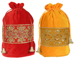Kuber Industries Embroidered Design Potli Bags Handbags for Women Gifting Wristlets for Wedding, Festival, Kitty Subh Shagun-Pack of 2 (Red & Yellow)