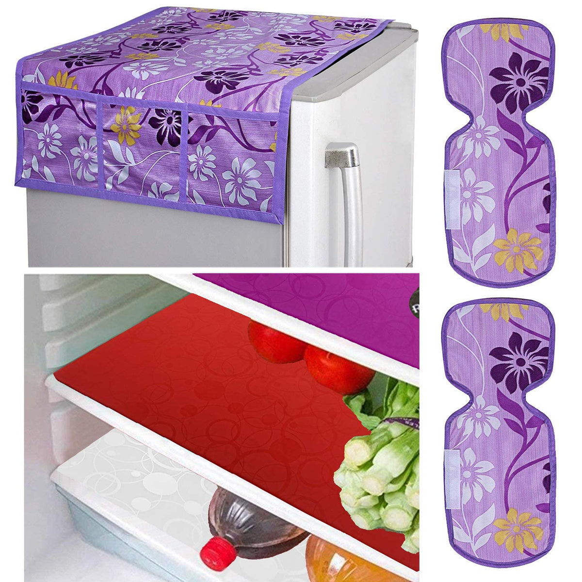 Kuber Industries Flower Design Combo PVC 3 Pieces Fridge Mats, 2 Piece Handle Cover and 1 Piece Fridge Top Cover(Purple)