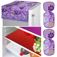 Kuber Industries Flower Design Combo PVC 3 Pieces Fridge Mats, 2 Piece Handle Cover and 1 Piece Fridge Top Cover(Purple)