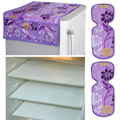 Kuber Industries Flower Design Combo PVC 3 Pieces Fridge Mats, 2 Piece Handle Cover and 1 Piece Fridge Top Cover(Purple)