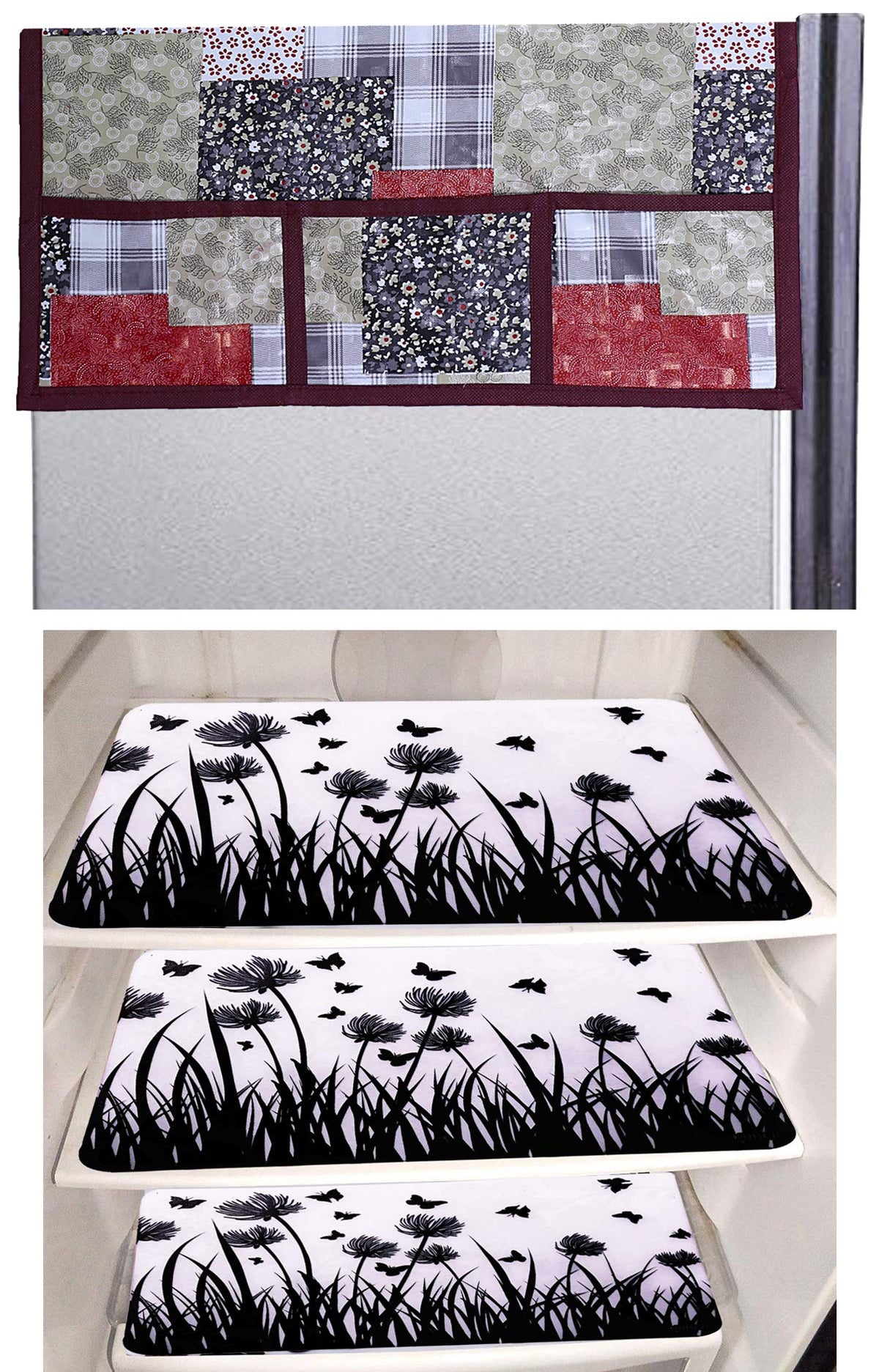 Kuber Industries Jungle Design 3 Pieces PVC Fridge Mats and 3D Checkered Design 1 Piece Fridge Top Cover (Maroon) - CTKTC39764,Standard