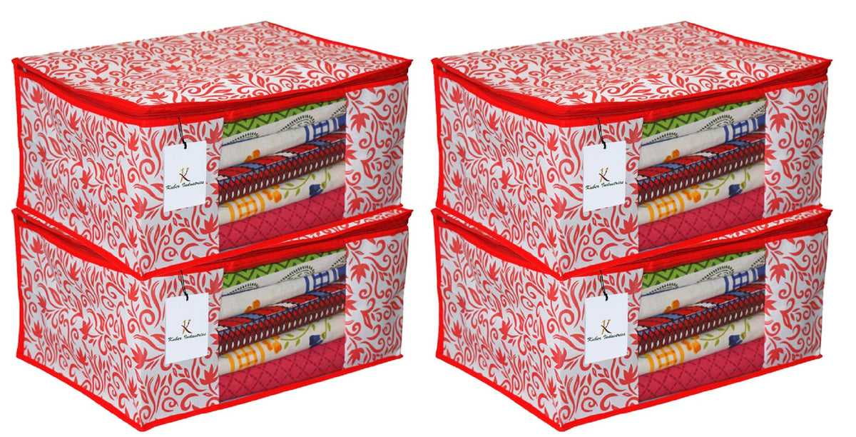 Kuber Industries Floral Design 4 Piece Non Woven Saree Cover, Extra Large, Red