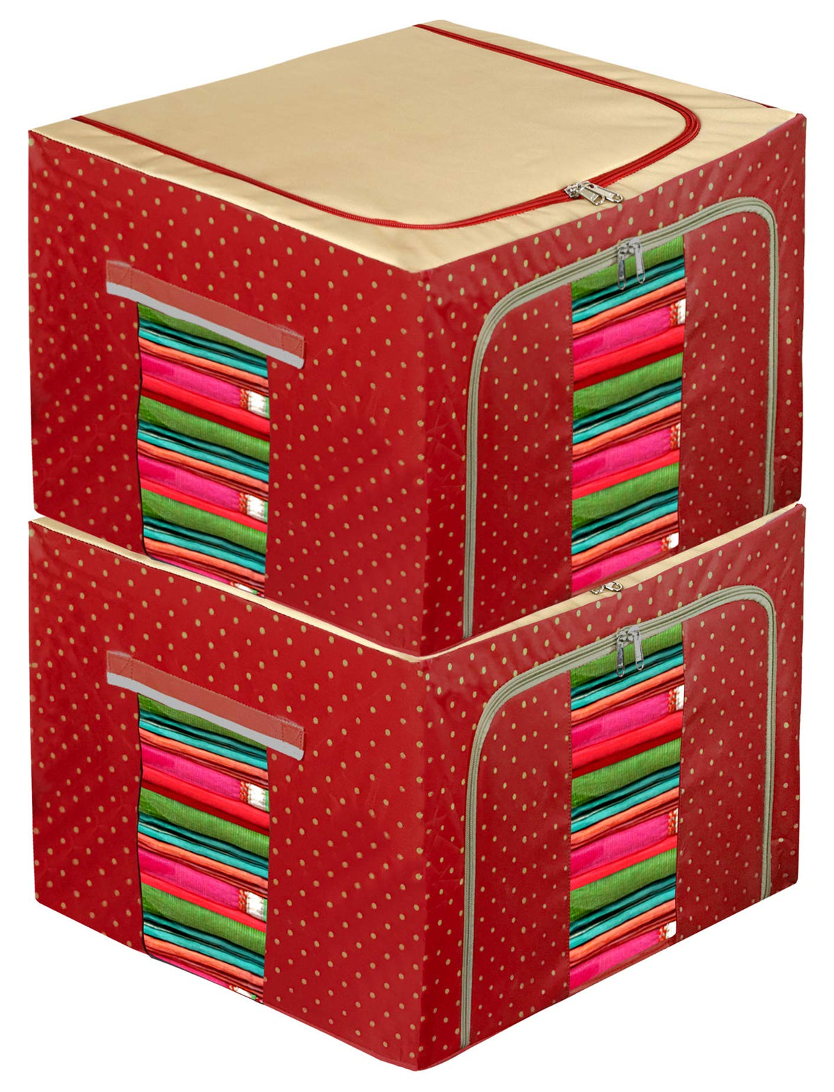 Kuber Industries Dot Printed Steel Frame Storage Box/Organizer For Clothing, Blankets, Bedding With Clear Window, 24Ltr.- Pack of 2 (Maroon & Brown)-44KM0227