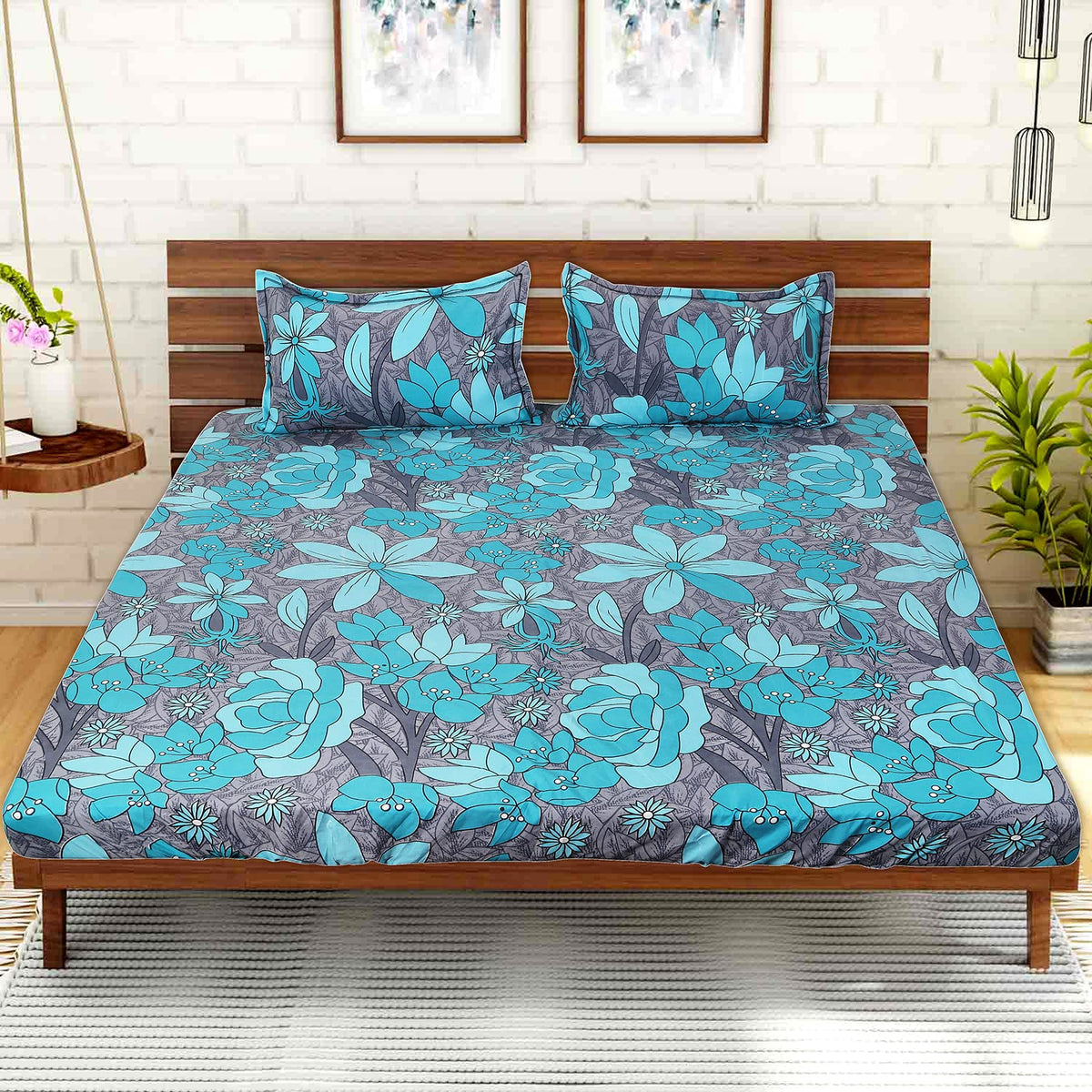 Kuber Industries Fitted Double Bedsheet|Flower Print Premium Glace Cotton Elastic Bedsheet with Two Pillow Covers,72 x 78 Inch(Green)