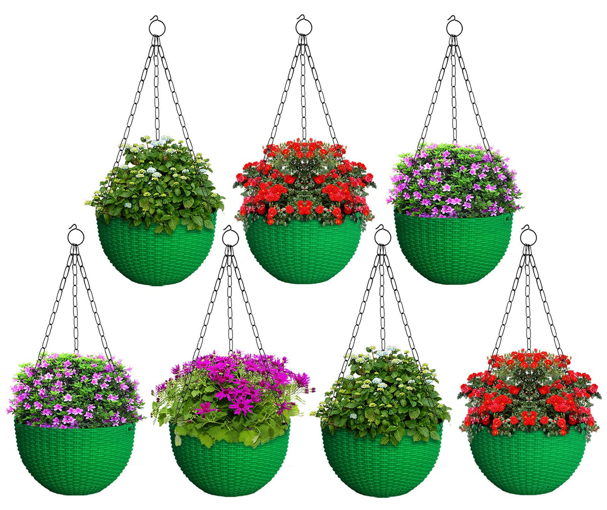 Kuber Industries Plastic Hanging Flower Pot for Balcony & Railing Set of 7 (Green) 53KM3823