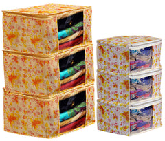 Kuber Industries Flower Design Non Woven 3 Piece Saree Cover/Cloth Wardrobe Organizer and 3 Pieces Blouse Cover Combo Set (Ivory & Red) -CTKTC038434