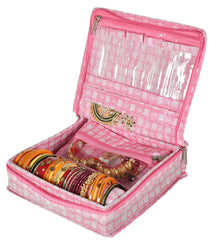 Kuber Industries Check Design Laminated PVC Jewellery Organizer with 4 Transparent Pouches & 1 Bangle/Watch Rod(Pink)-HS_38_LUGGAGE21277, Pack of 1