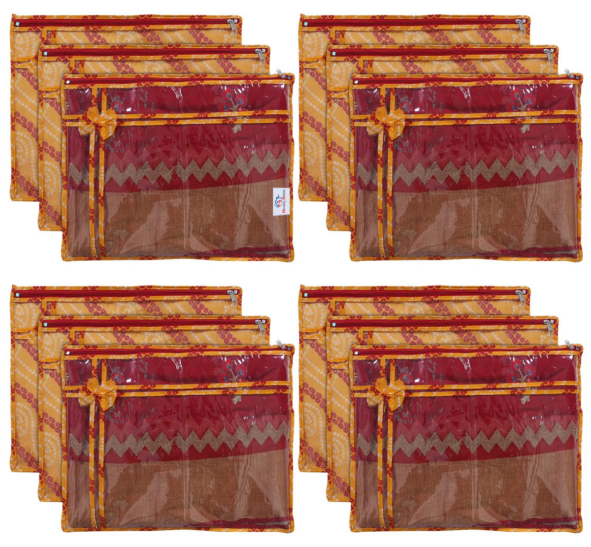 Heart Home Bandhani Print PVC Foldable Single Saree Cover|Clothes Storage For Saree, Lehenga, Suit With Transparent Pack of 12 (Yellow)