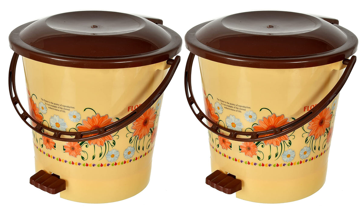 Kuber Industries Flower Printed Plastic Pedal Dustbin With Lid & Handle For Home/Kitchen/Office, 5 Ltr (Yellow)- Pack of 2