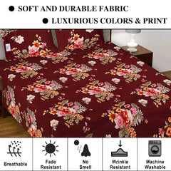 Heart Home Double Bedsheet|Glace Cotton Flower Print Bedsheet with 2 Pillow Covers for Living Room|Bedroom|90x100 Inch (Maroon)