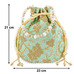 Kuber Industries Embroidery Drawstring Potli|Hand Purse with Gold Pearl Border & Handle for Woman,Girls (Green)