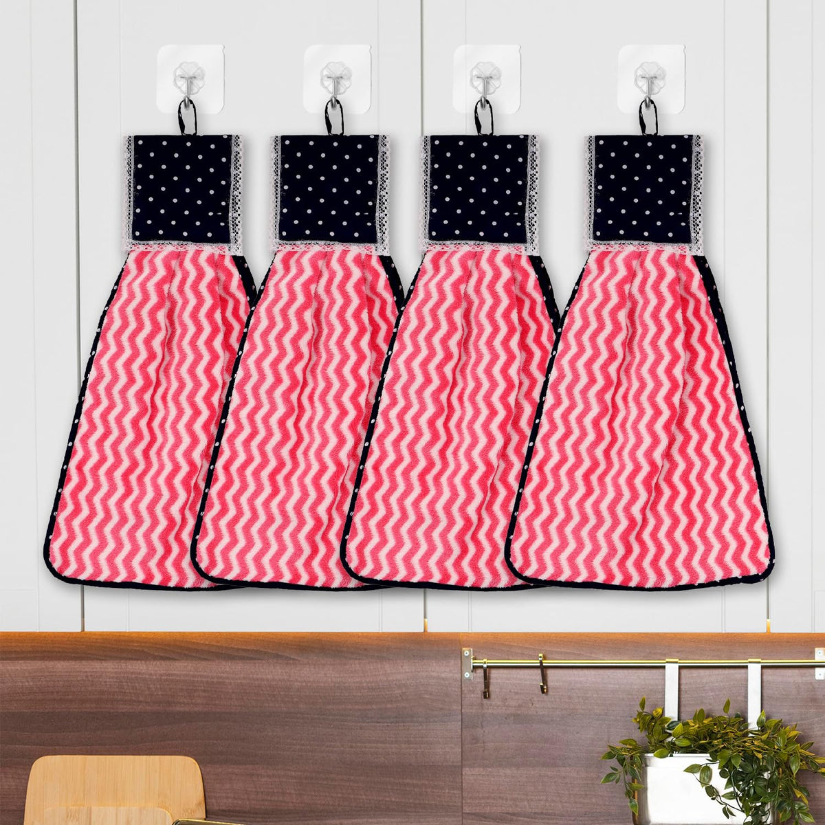 Kuber Industries Napkin | Washbasin Hanging Napkin | Kitchen Towel with Ties | Napkin for Kitchen | Zig Zag Napkin for Bathroom | Hand Towel for Kitchen | Pack of 4 | Pink