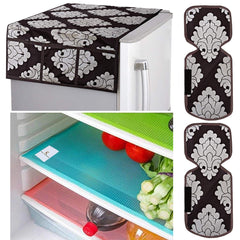 Kuber Industries Flower Design Combo PVC 3 Pieces Fridge Mats, 2 Piece Handle Cover and 1 Piece Fridge Top Cover(Brown)