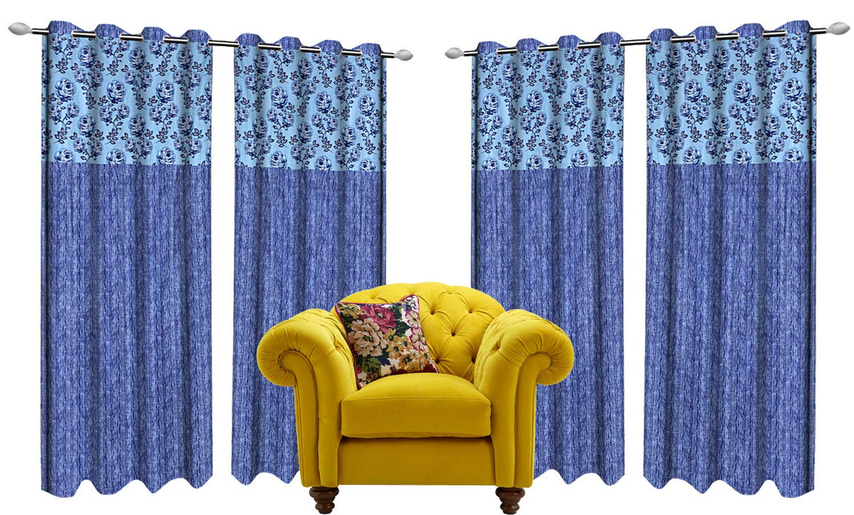 Kuber Industries Rose Design 4 Pieces Polyester Eyelet Door Curtain 7 Feet (Blue)-Ctktc14263