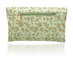 Kuber Industries Women's Handcrafted 2 Pieces Embroidered Clutch Bag Purse Handbag for Bridal, Casual, Party, Wedding (Green & Peach) - CTKTC34529
