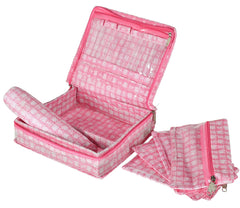 Kuber Industries Check Design Laminated PVC Jewellery Organizer with 4 Transparent Pouches & 1 Bangle/Watch Rod(Pink)-HS_38_LUGGAGE21277, Pack of 1