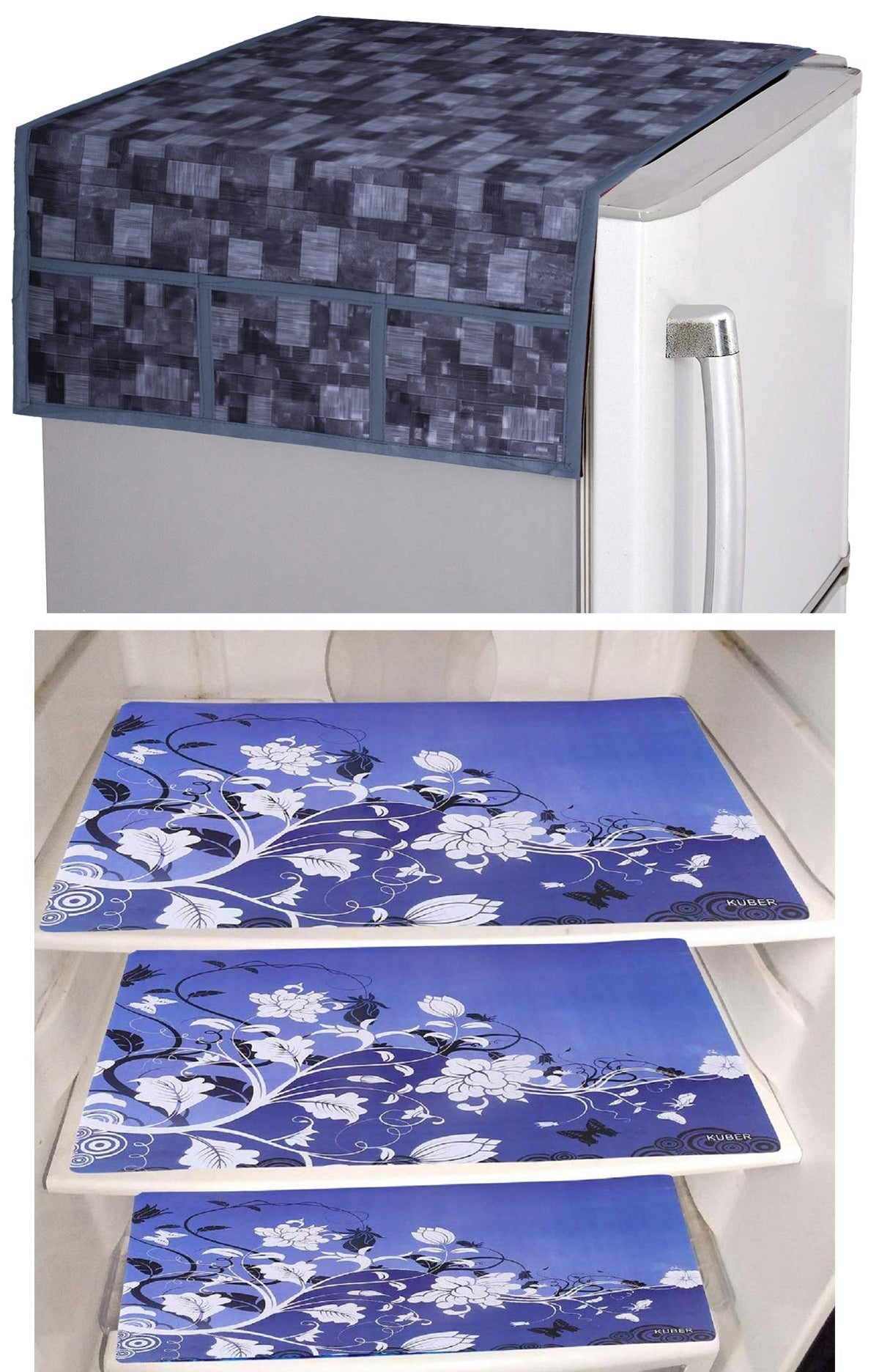 Kuber Industries Flower Design 3 Pieces PVC Fridge Mats and 3D Checkered Design 1 Piece Fridge Top Cover (Grey) - CTKTC039724