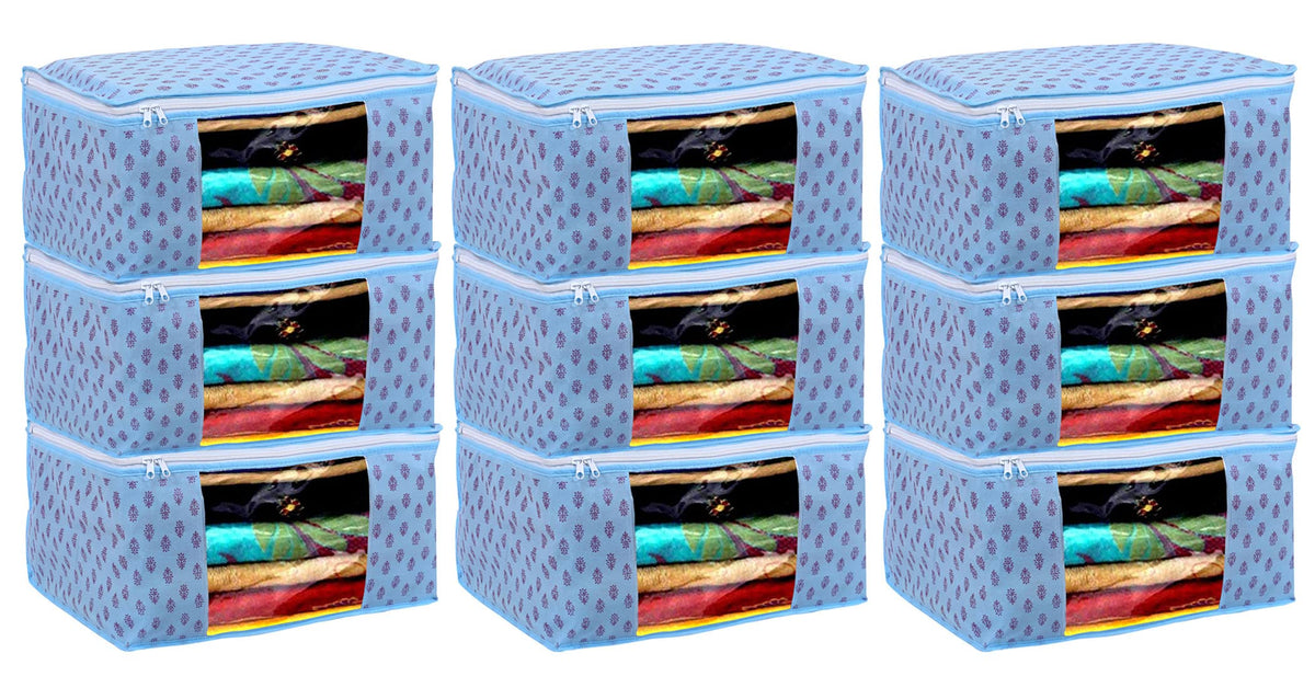 Kuber Industries Floral Print Non-Woven Foldable Saree Cover|Clothes Storage For Saree, Lehenga, Suit With Top Transparent, Pack of 9 (Sky Blue)