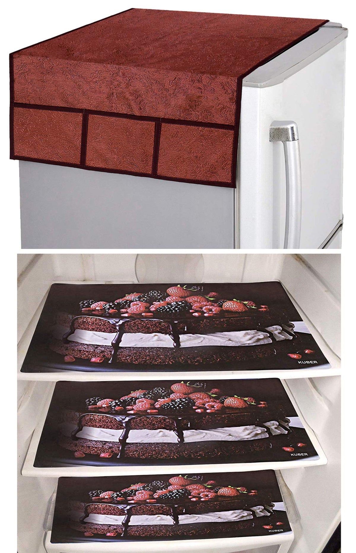 Kuber Industries Cake Design 3 Pieces PVC Fridge Mats and 1 Piece Fridge Top Cover (Maroon) - CTKTC39626