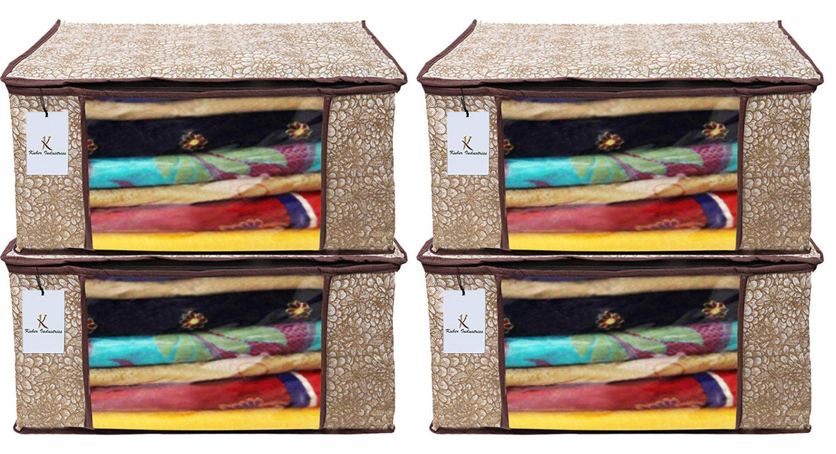 Kuber Industries Flower Design 4 Piece Non Woven Saree Cover, Large, Golden Brown - CTKTC15233