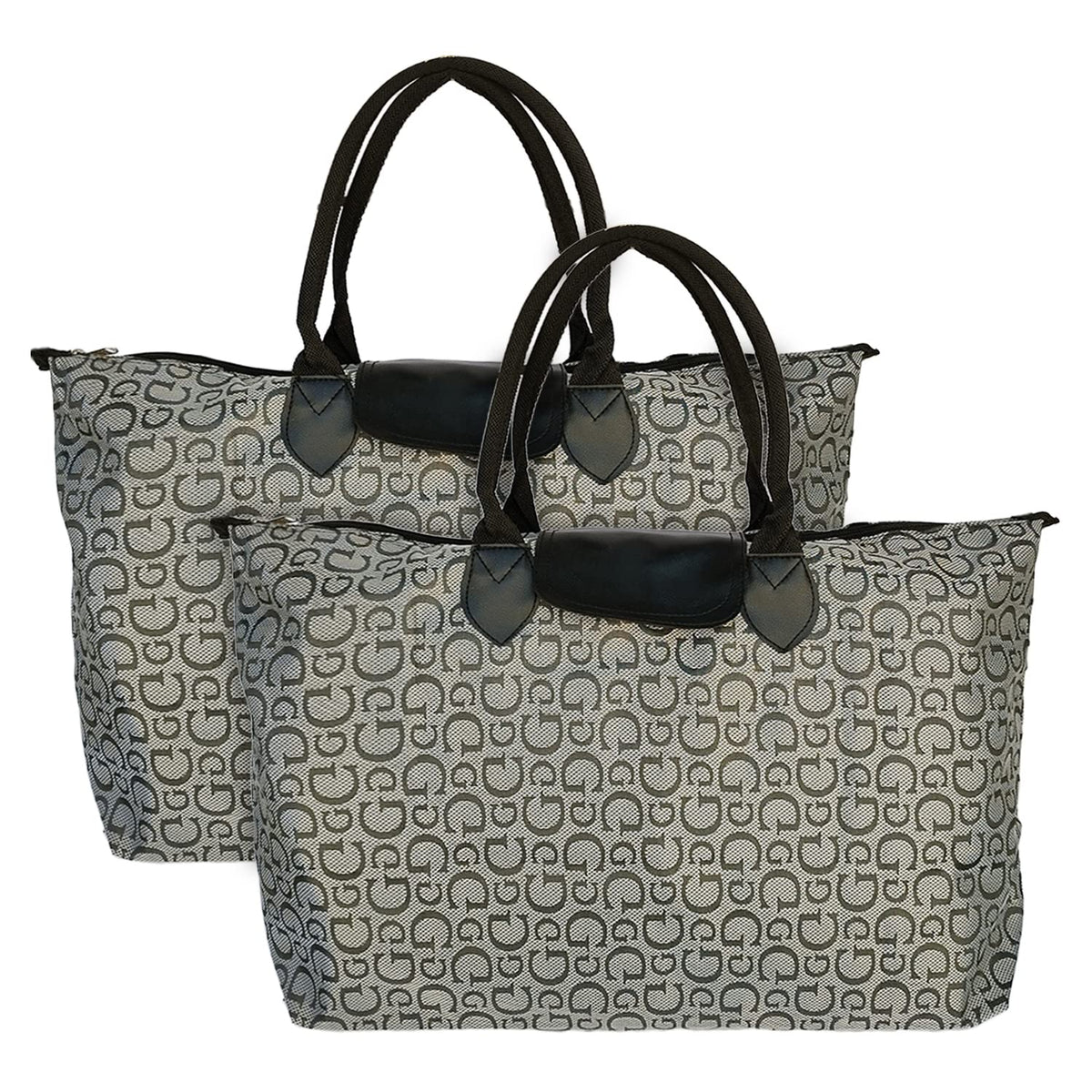 Kuber Industries Multiuses G Print Rexine Shopping Bags/Grocery Bag for Carry Grocery, Fruits, Vegetable with Handles Pack of 2 (Grey) 52KM3987