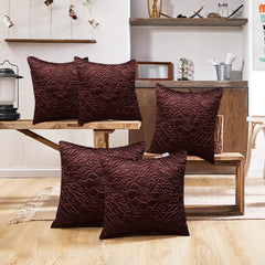Heart Home Cushion Cover|Sofa Cushion Covers|Embossed Flower Print Sitting Cushion Cover|Velvet Cushion Filler|16x16 Inch|Set of 5 (Brown)
