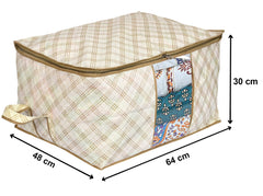 Heart Home Tartan Design Non-woven Underbed, Strorage Organizer With Transparent Window- Pack of 3 (Beige)-44HH0494