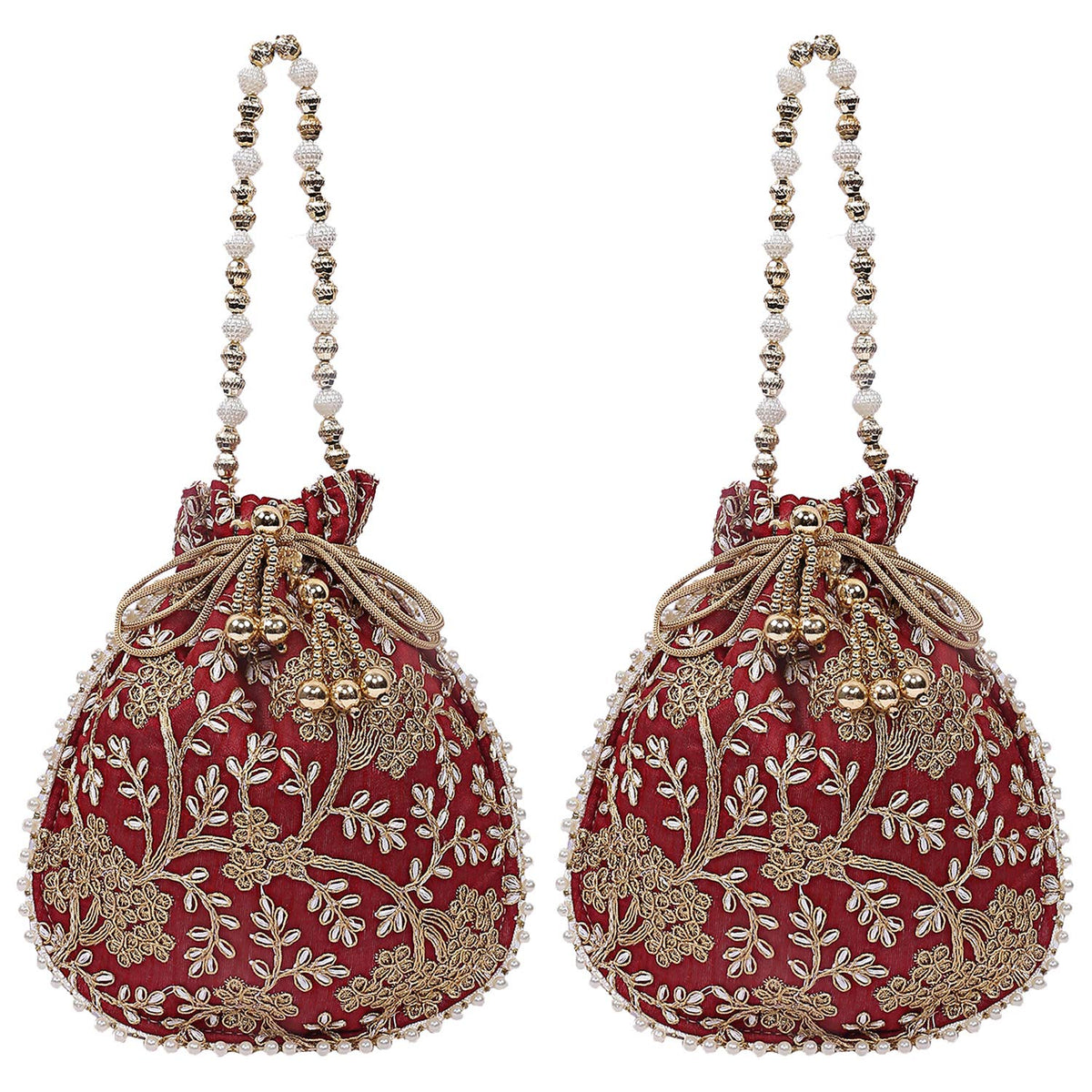 Kuber Industries Silk Embroidered 2 Pieces Women Potli Bag (Maroon),CTKTLUG977