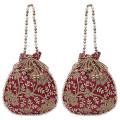 Kuber Industries Silk Embroidered 2 Pieces Women Potli Bag (Maroon),CTKTLUG977