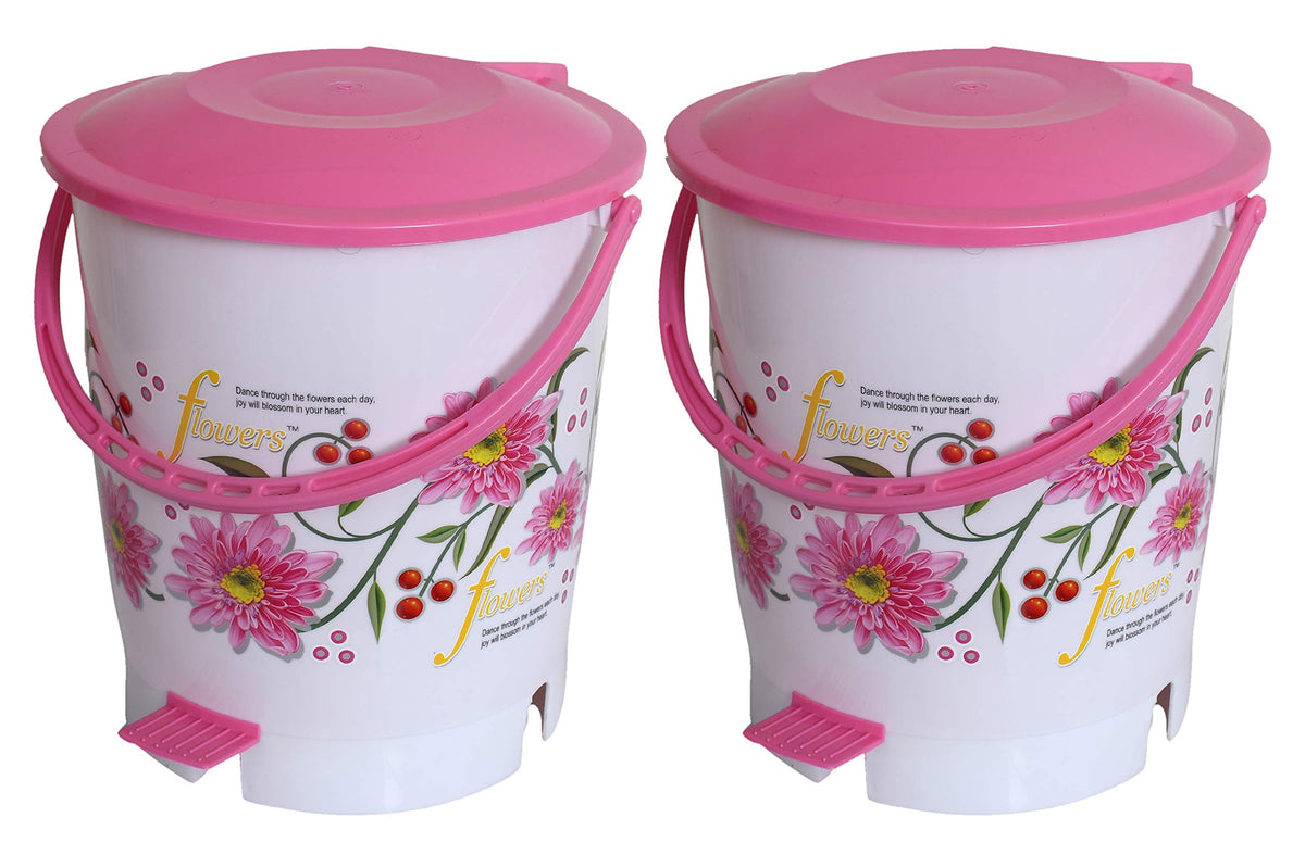 Kuber Industries Flower Print Plastic 2 Pieces Garbage Waste Dustbin/Recycling Bin for Home, Office, Factory with Lid, 10 Liters (Pink)-KUBMART10942