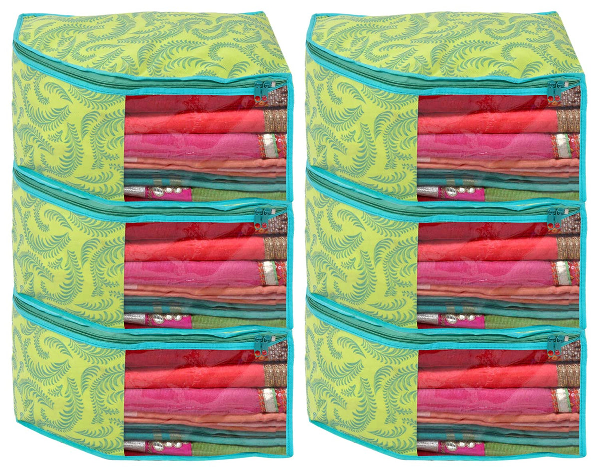 Kuber Industries Leaf Printed Non-Woven Blouse Cover Wardrobe Organiser Clothes Storage Bag With Front Window- Pack of 6 (Green)-44KM0534